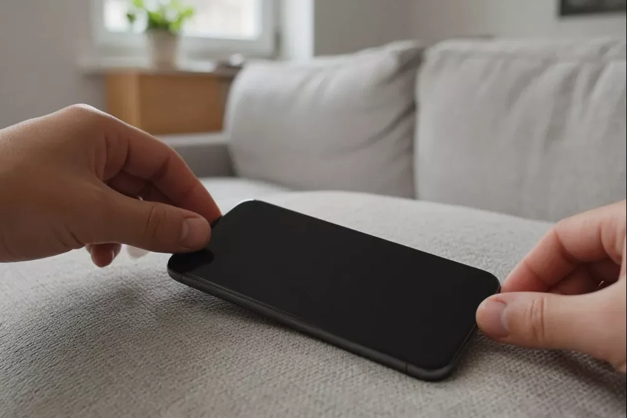 Hands holding the top earpiece edge and bottom frame of a dark unbranded Android smartphone over a textured fabric surface