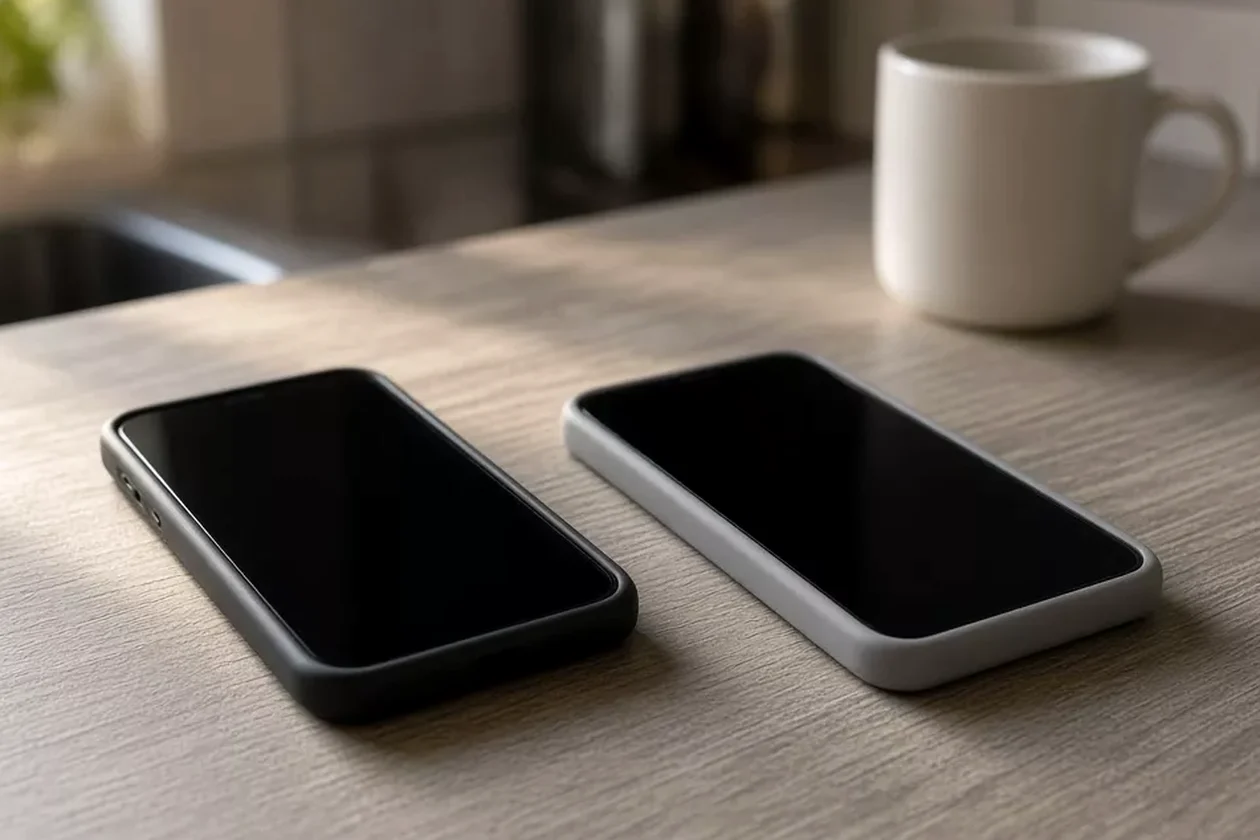 Two unbranded Android smartphones in dark and light protective cases resting side by side on a wooden counter