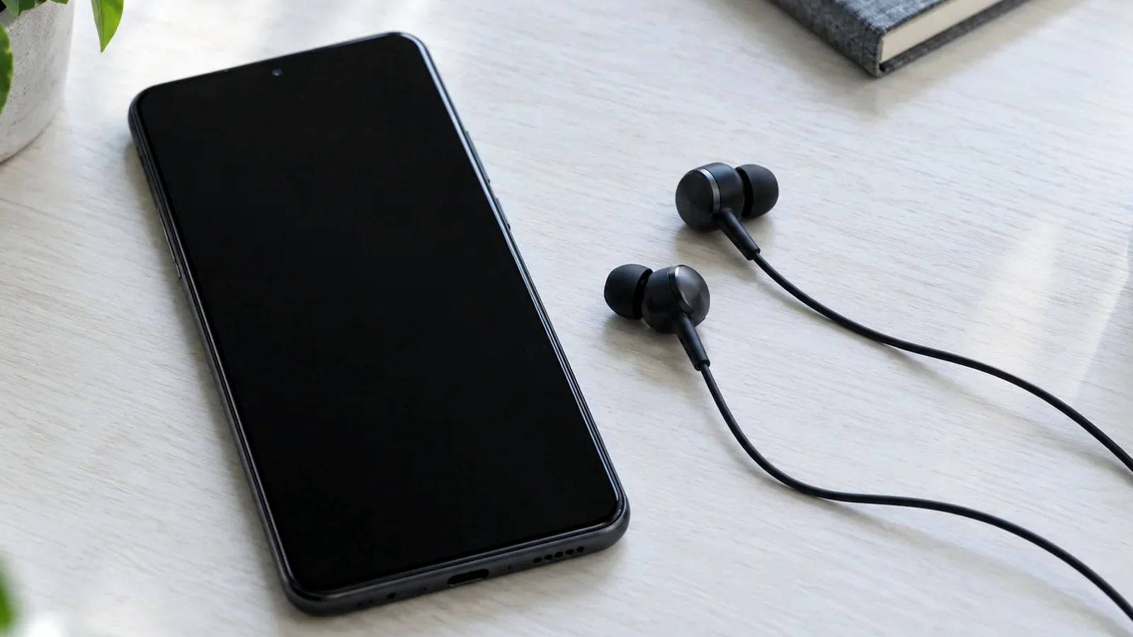 Unbranded black Android smartphone lying flat with its screen off beside a pair of dark in-ear audio earpieces on a wooden desk