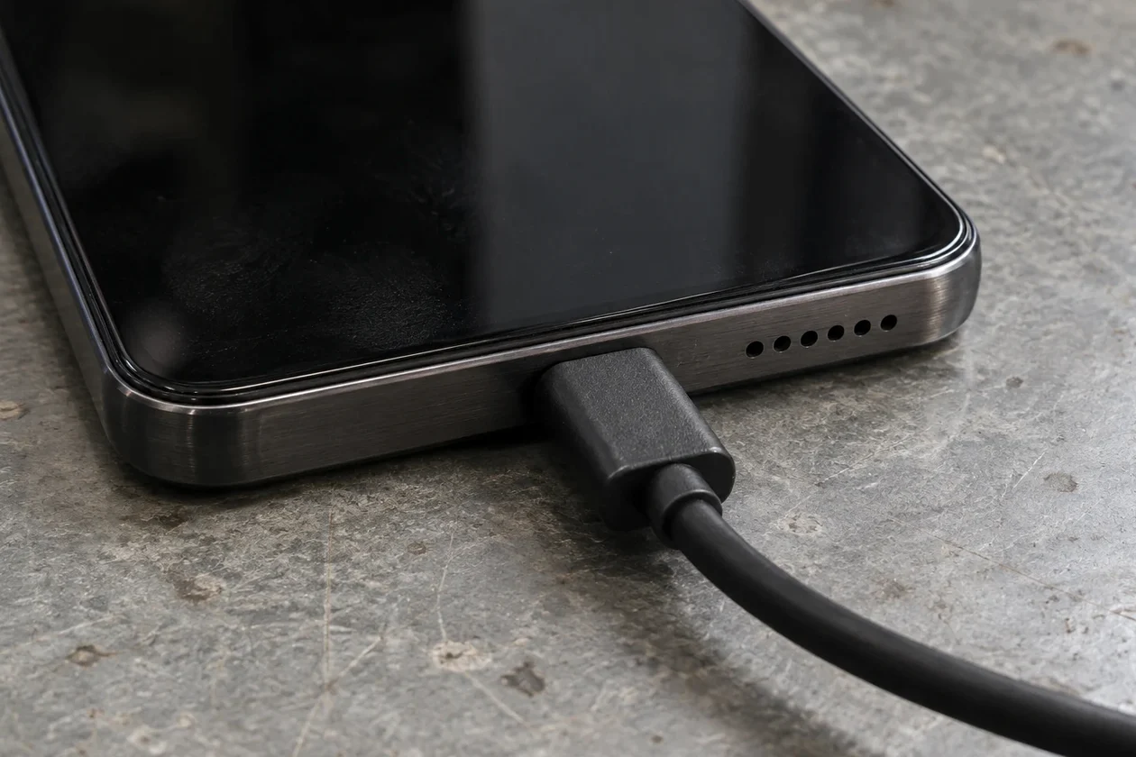 Close-up of a black USB-C plug connected to the bottom port of a dark metal-framed Android smartphone on a stone surface
