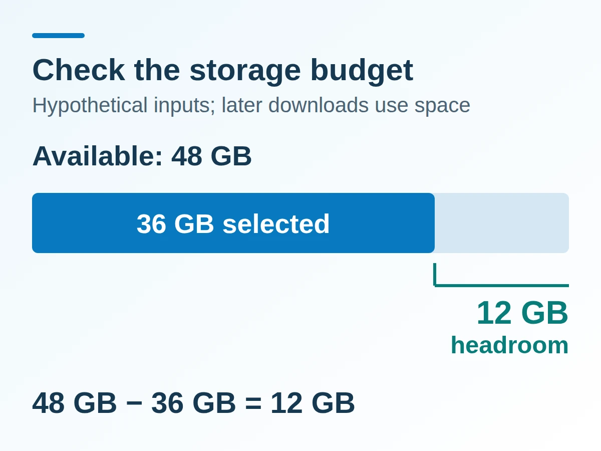 Storage budget showing 36 gigabytes selected within 48 gigabytes available, leaving 12 gigabytes of provisional headroom
