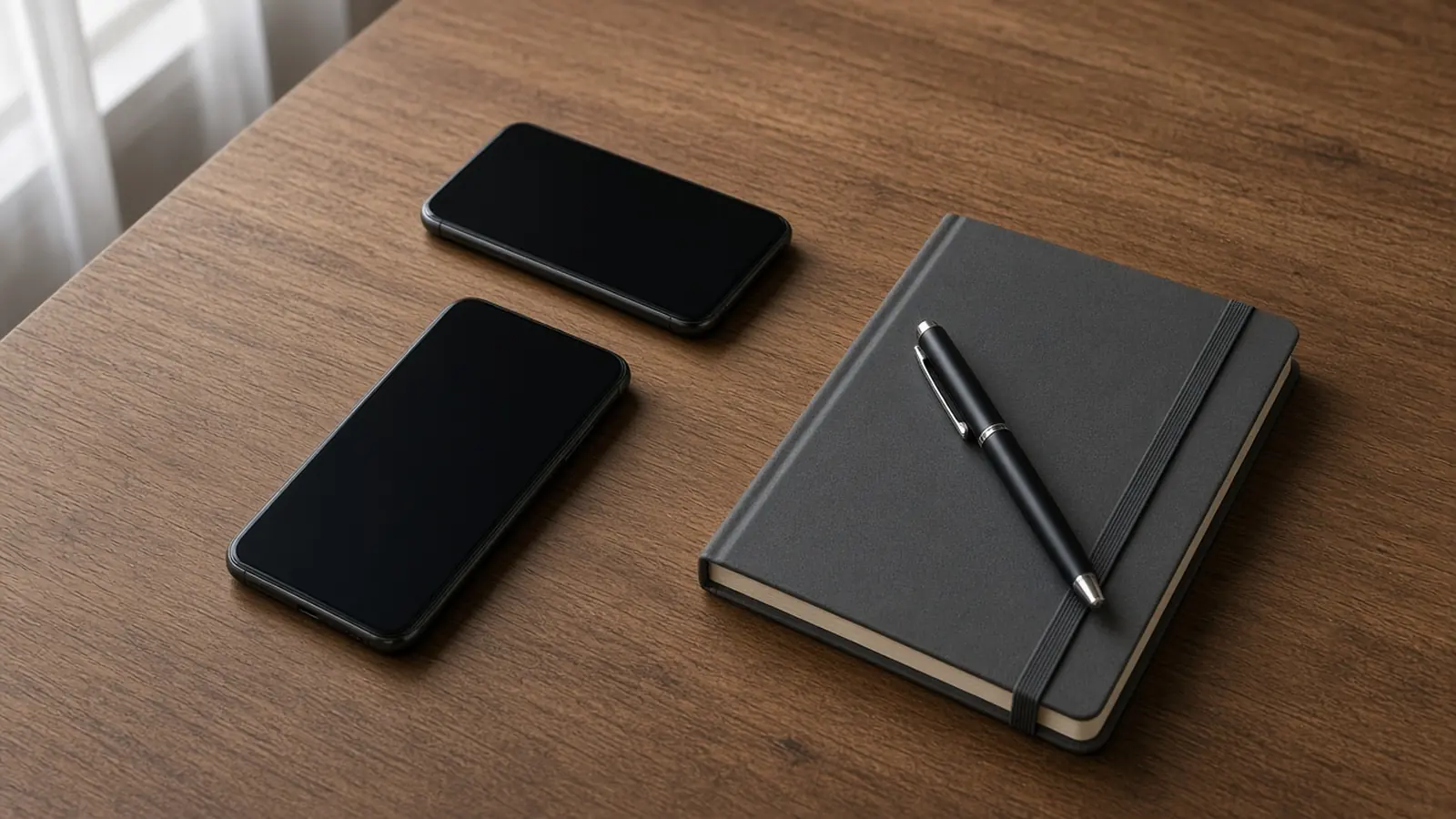 Two phones with dark screens and a closed notebook on a wooden desk.