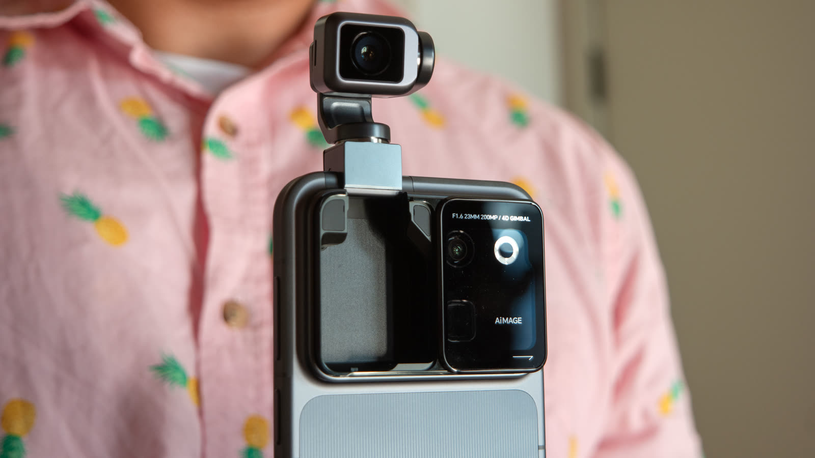 Close-up of the HONOR Robot Phone with its motorized camera head raised