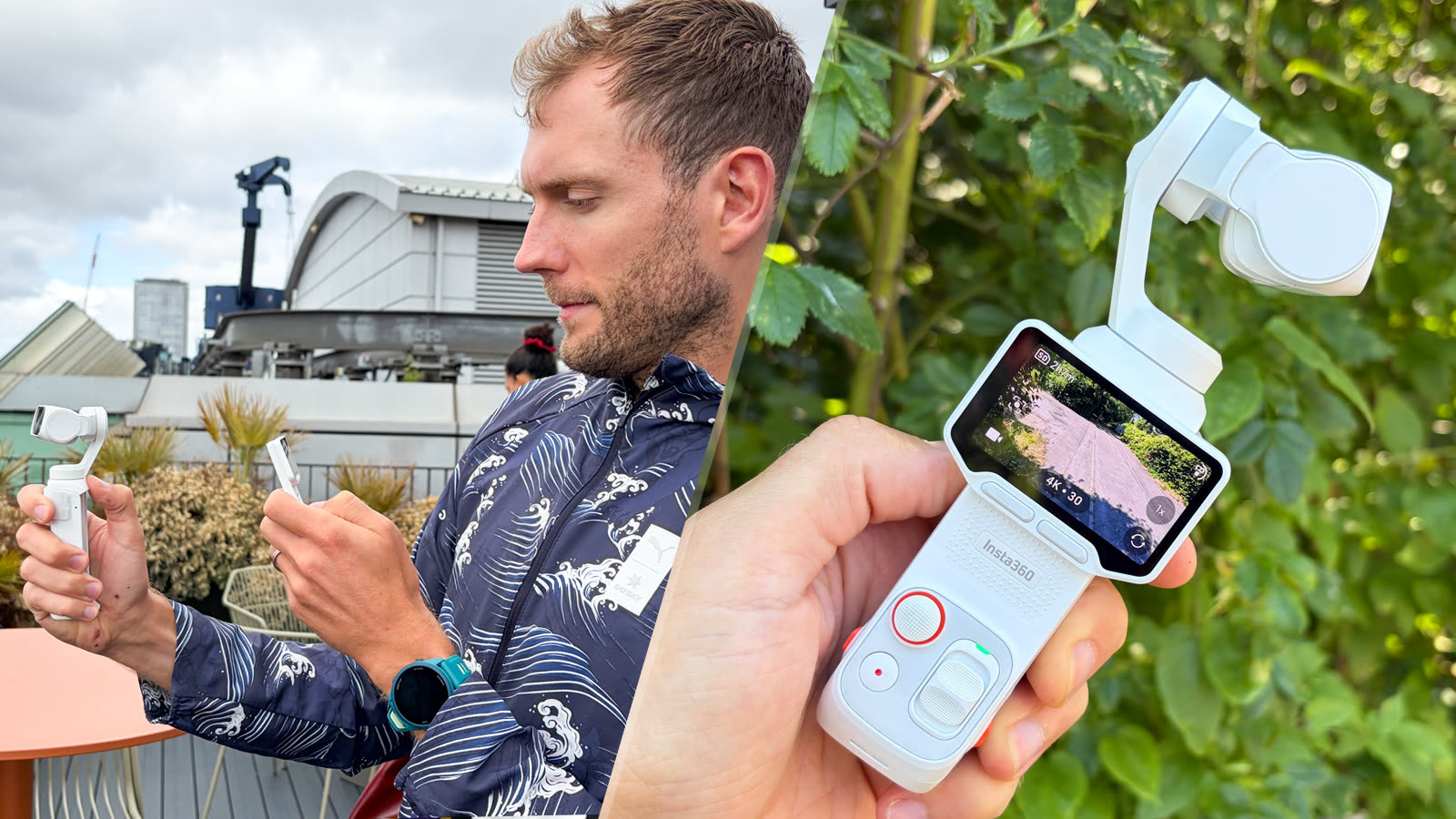 Creator holding an Insta360 Luna Ultra pocket camera in one hand during an outdoor shoot