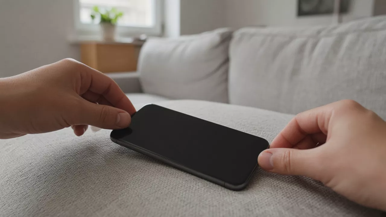 Fingers rest on the side edges of a phone with a dark screen, on a pale sofa.