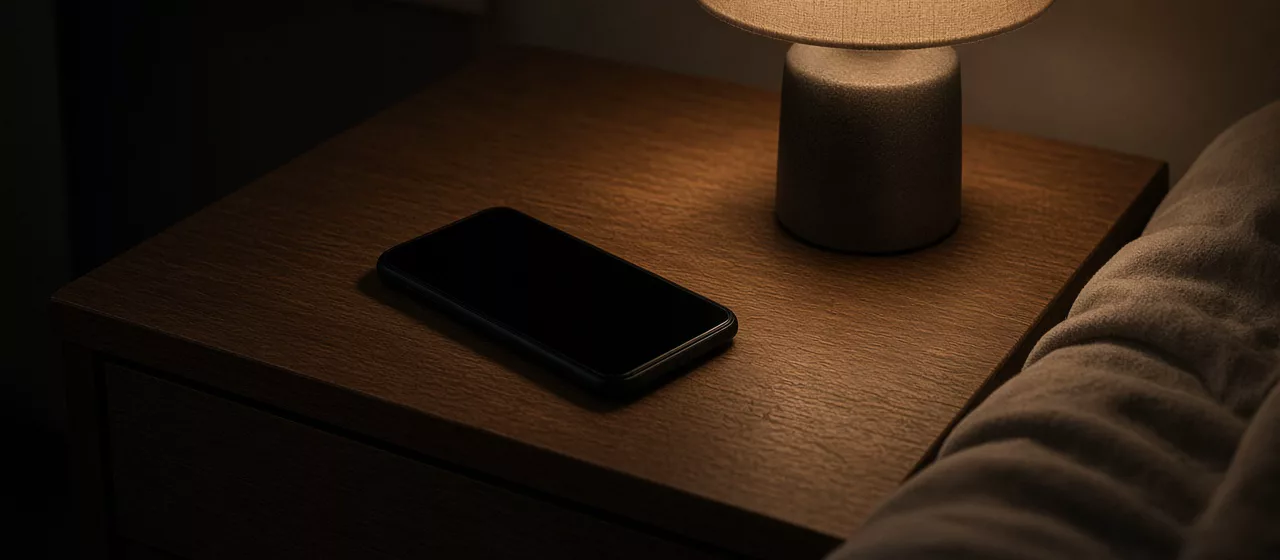 A phone with a dark screen lies on a wooden nightstand beside a lit lamp.