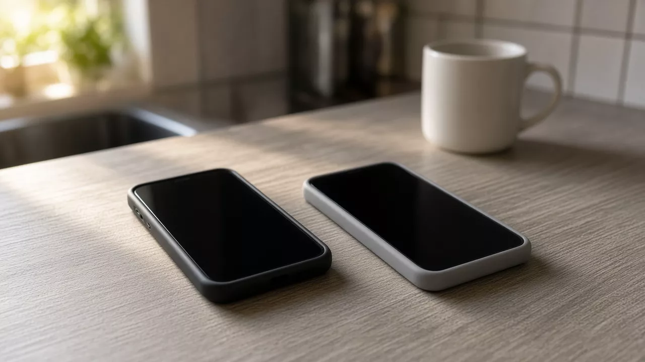 Two phones with dark screens lie next to each other on a kitchen counter, with a plain mug behind them.