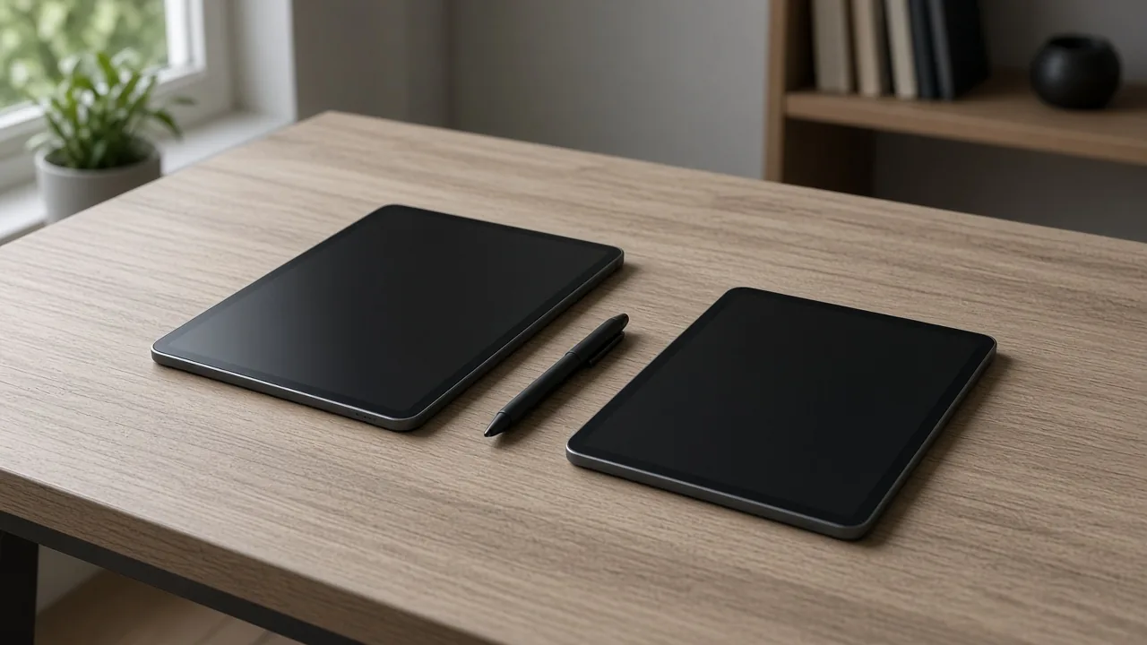 Two unbranded tablets with blank screens and a black pen on a light wood desk