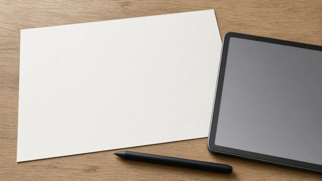 A blank sheet of paper, a black stylus, and the corner of a tablet with a blank screen