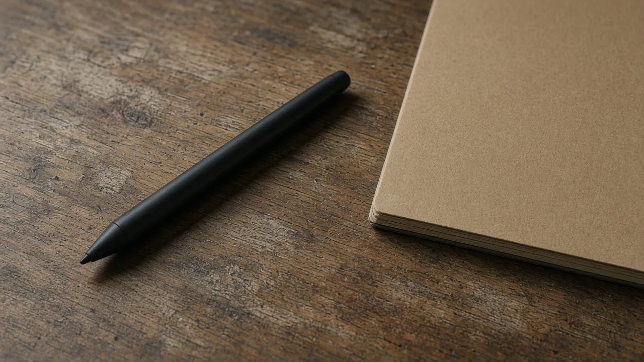 A black stylus beside the corner of a closed notebook on a wooden desk