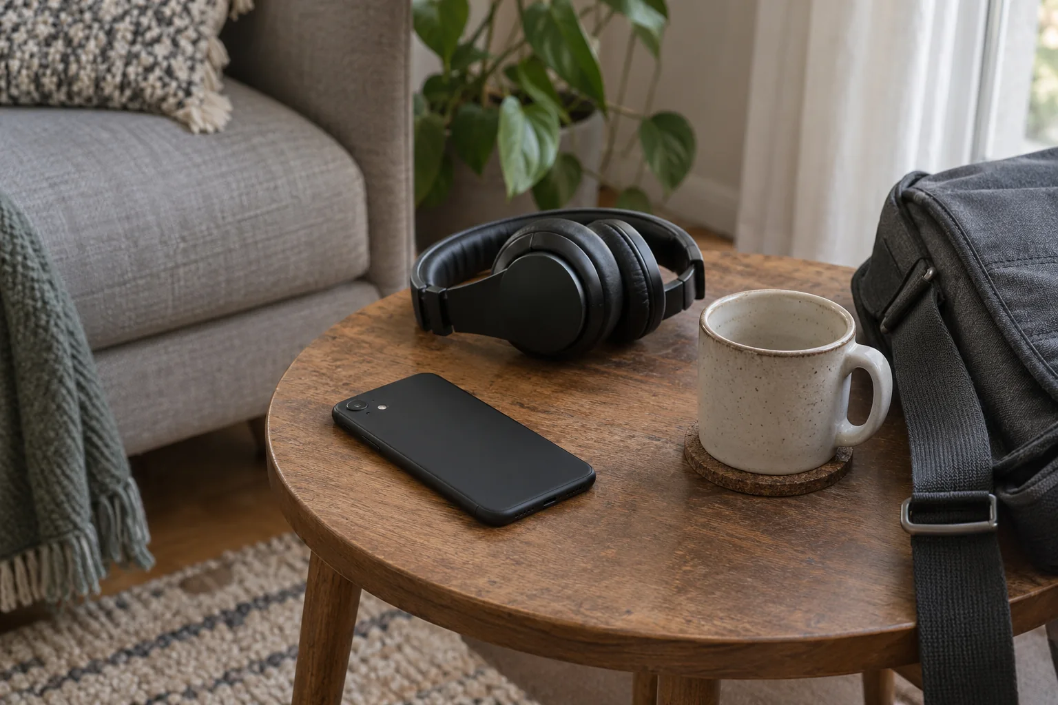 A phone and headphones beside a ceramic cup and a fabric bag on a side table