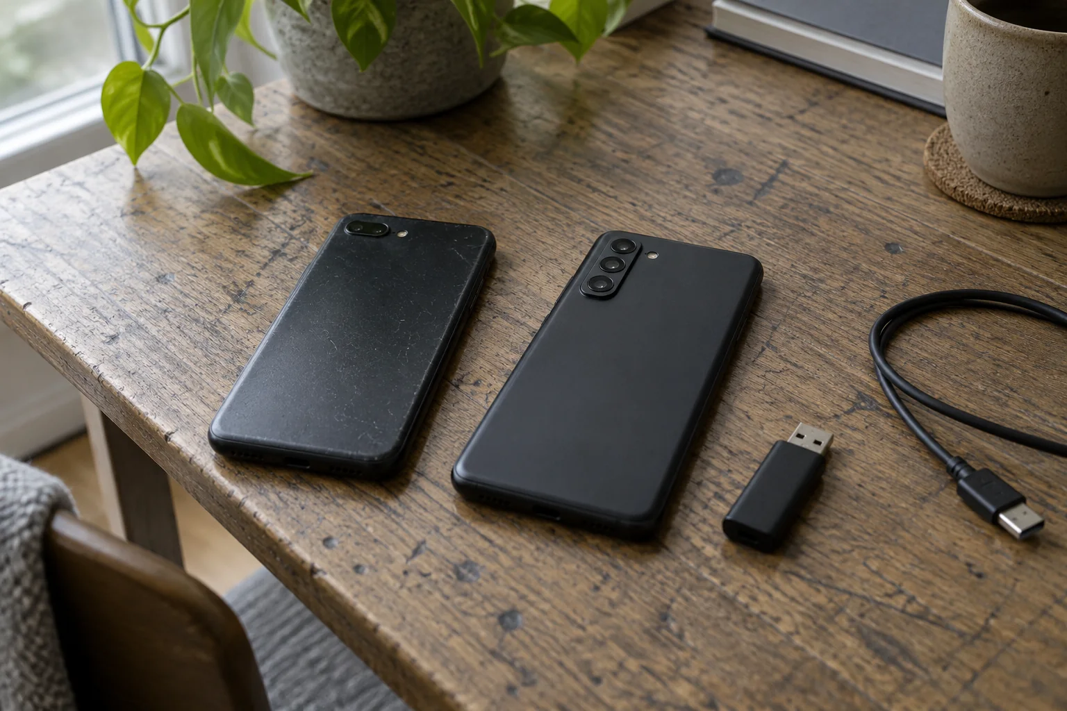 Two black phones face down beside a USB drive and a cable on a wooden desk