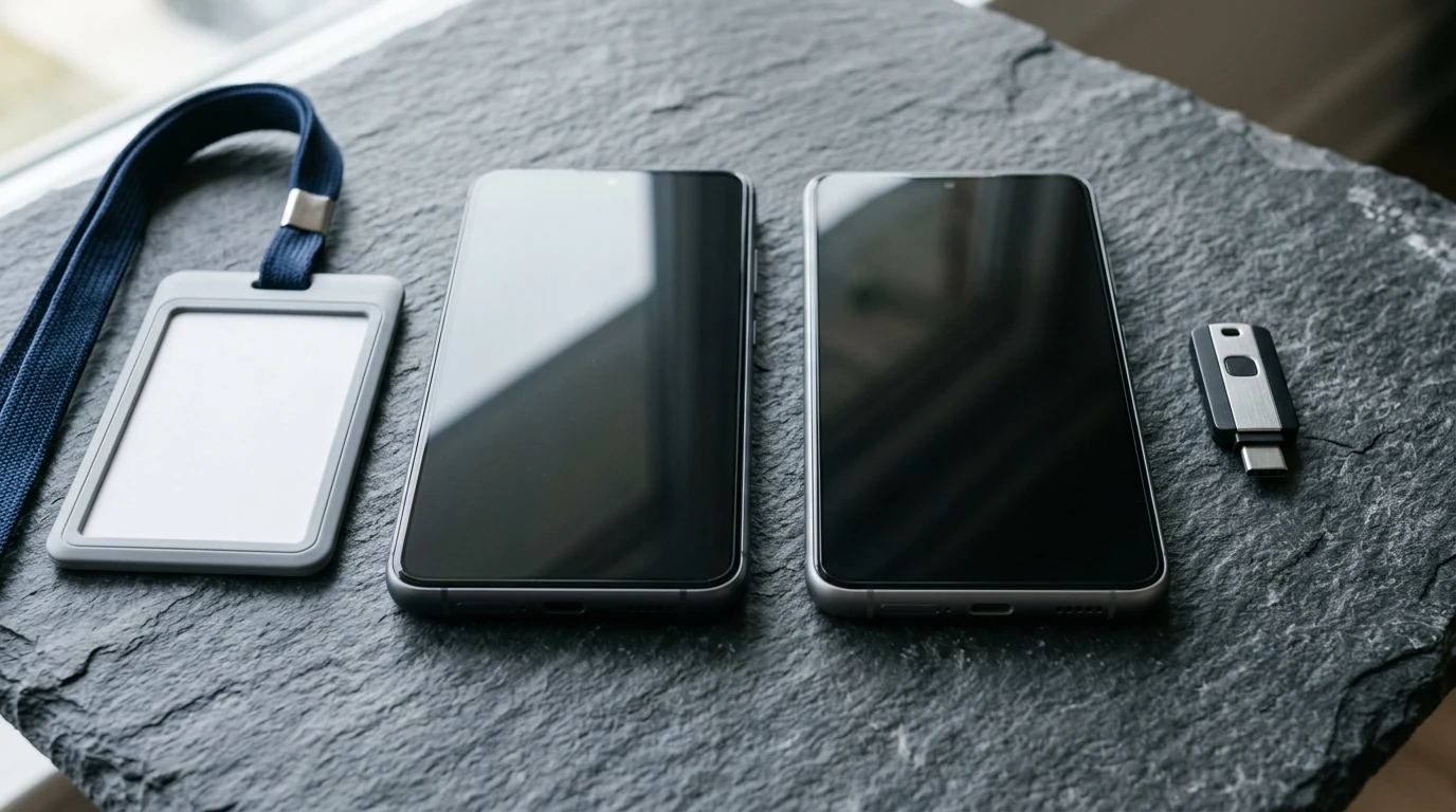 Two dark smartphones on a slate surface beside a blank corporate badge holder and a compact metallic hardware security key