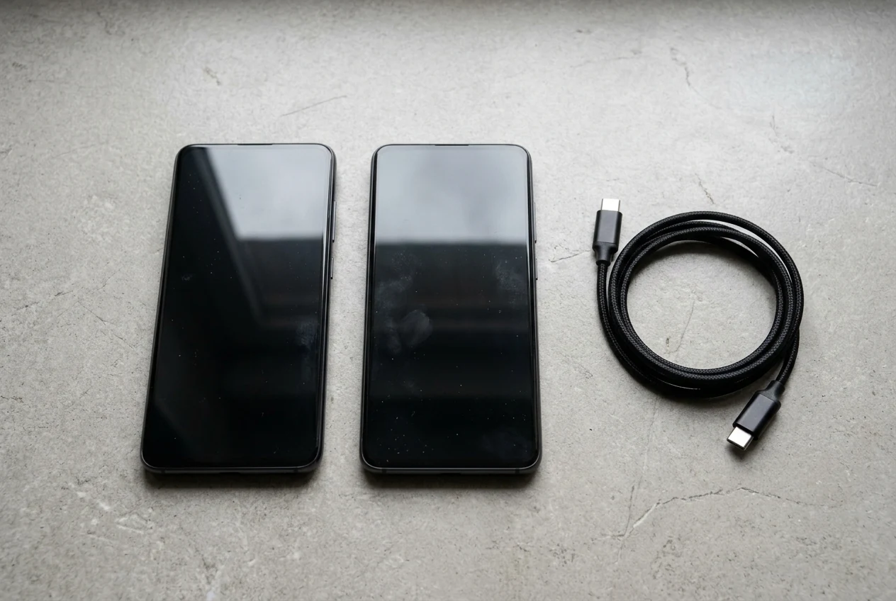 Two unbranded dark smartphones lying parallel a few inches apart on a light grey stone surface with a coiled black USB-C transfer cable beside them