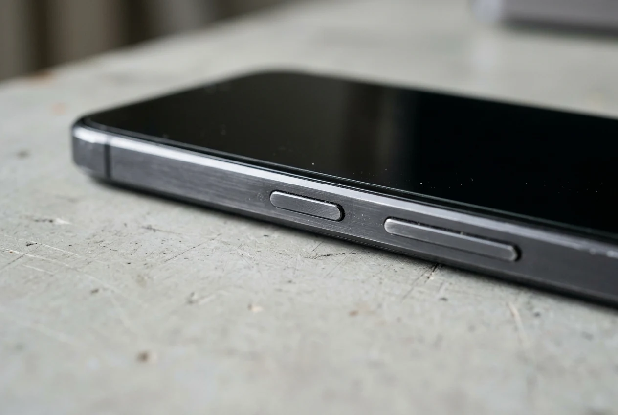 Macro close-up of the recessed side power and fingerprint button and volume rocker on the dark aluminum edge of a smartphone