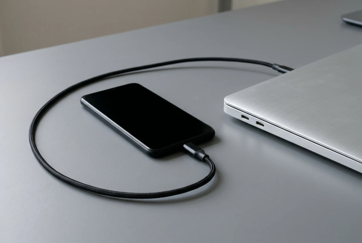 A dark smartphone with its screen off connected by a braided black USB-C cable to the side port of an aluminum laptop