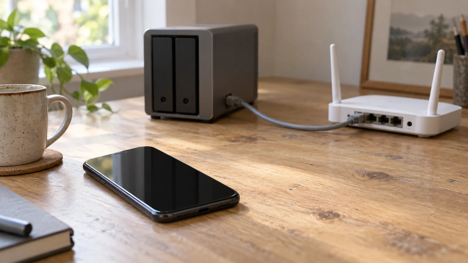 Unbranded phone on a home desk beside a Wi-Fi router and a small network storage box