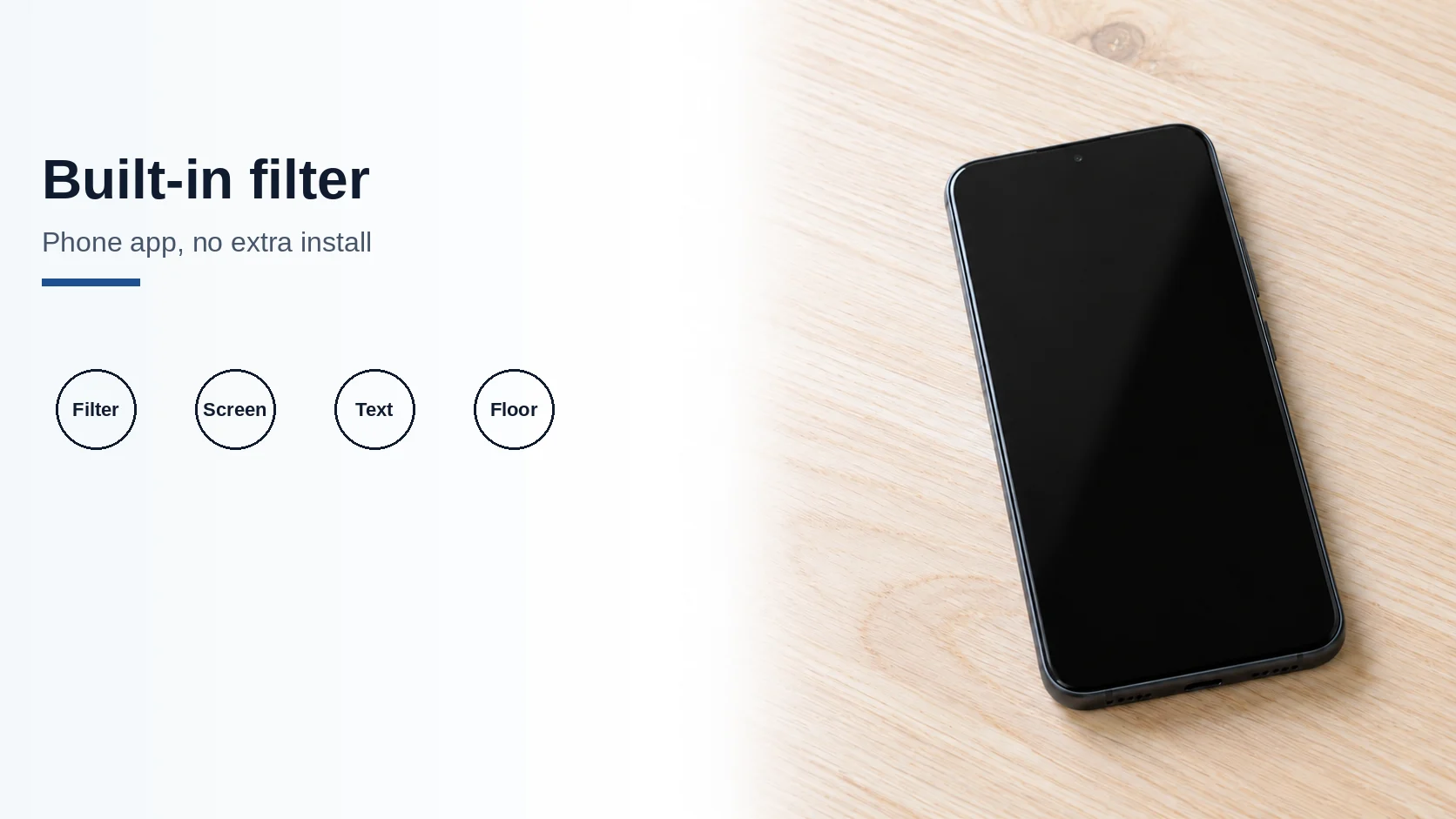 Cover titled Built-in filter, beside a generic phone with a blank screen on a pale desk.