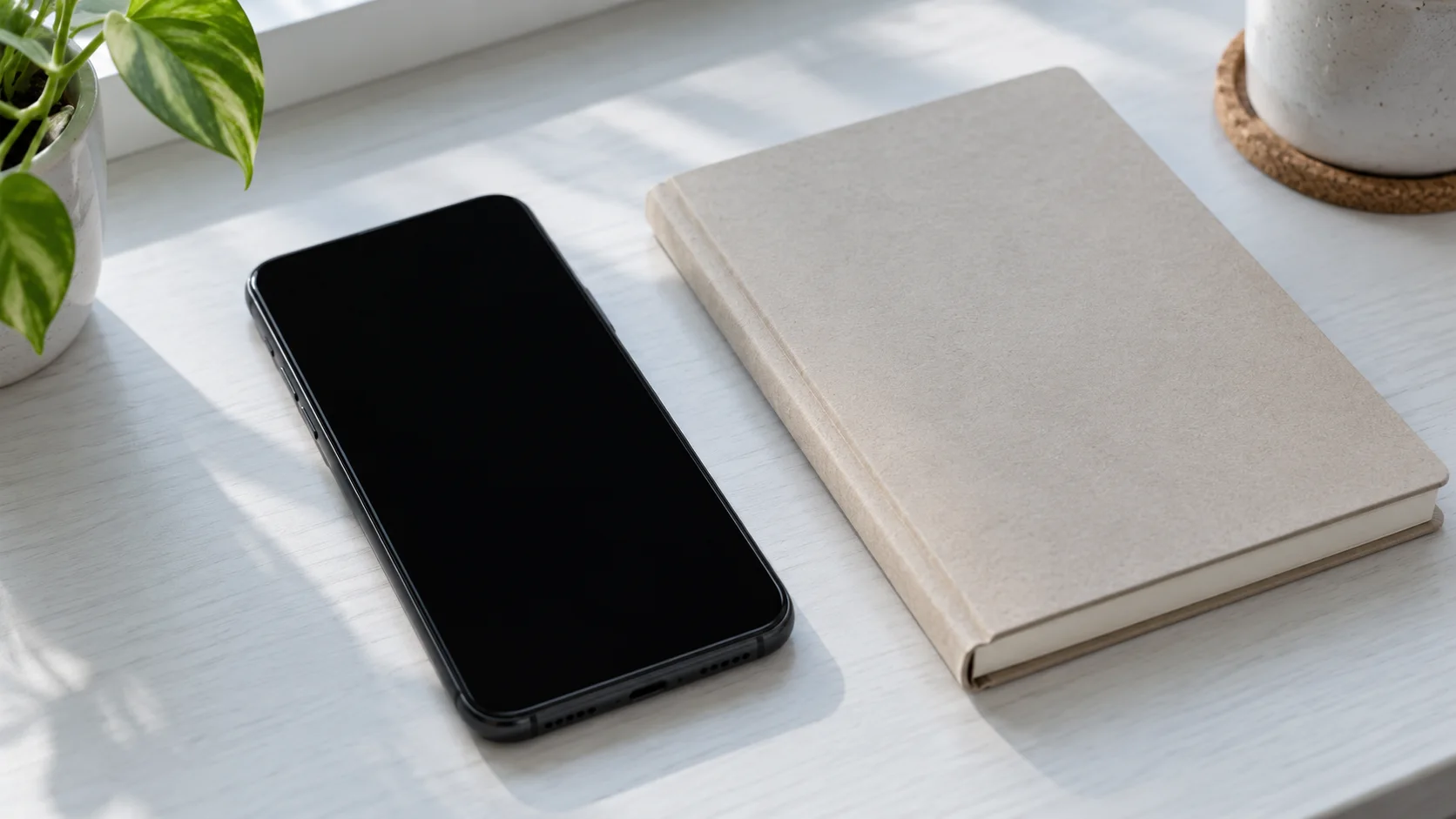 Illustrative photograph. The screen is blank on purpose and shows no setting. A blank phone beside a closed notebook, the desk where a built-in Phone setting is enough.