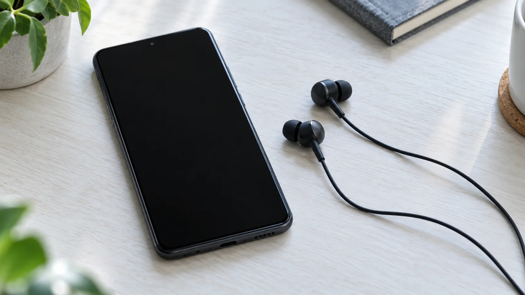 Illustrative photograph of a headset next to a phone. It is not a test of a named model. A blank phone beside a headset, the case where automatic Call Screen can stop.