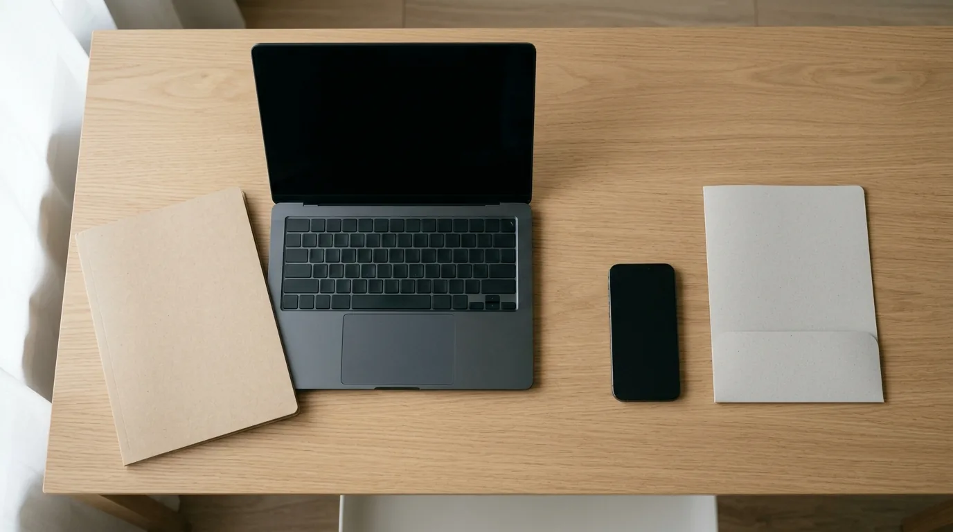 Overhead view of a phone and laptop with a separate blank paper folder beside each device
