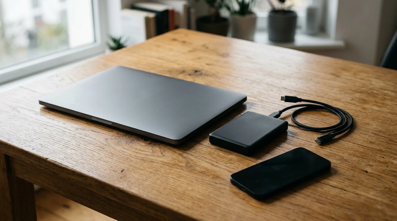 External storage drive and disconnected cable beside a closed laptop and phone