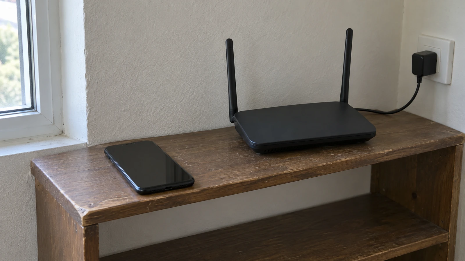 AI illustration of a phone beside a home router in an ordinary room
