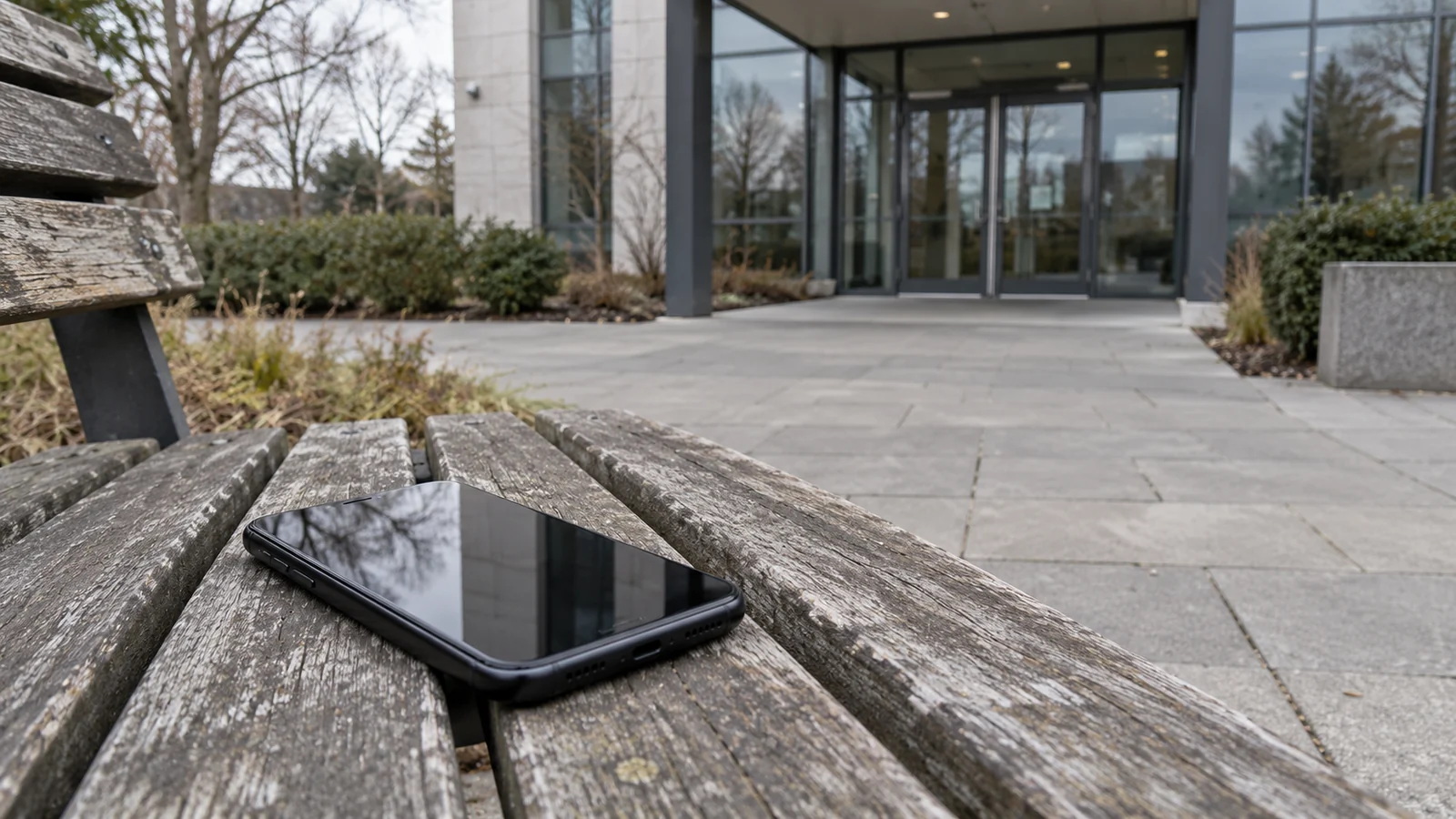 AI illustration of a phone resting on a bench near an ordinary office entrance