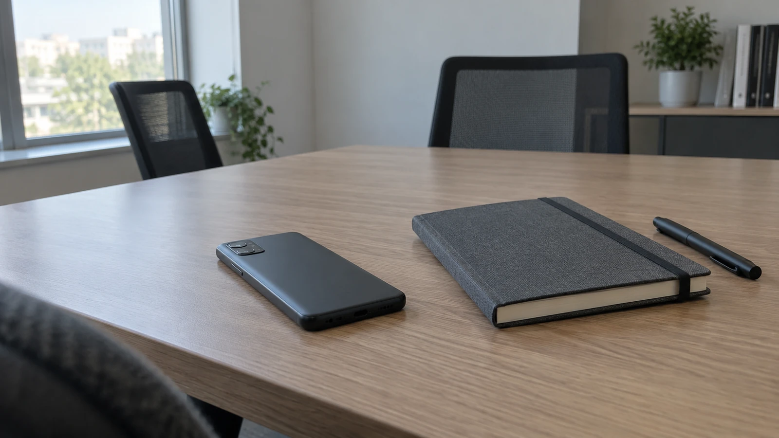AI illustration of an unbranded phone on an empty meeting table beside a closed notebook