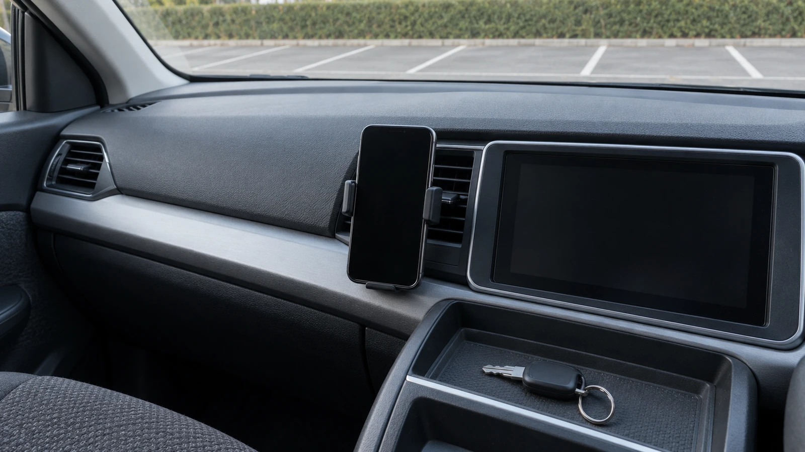 AI illustration of a phone in a stationary car with a blank infotainment display and keys resting beside it
