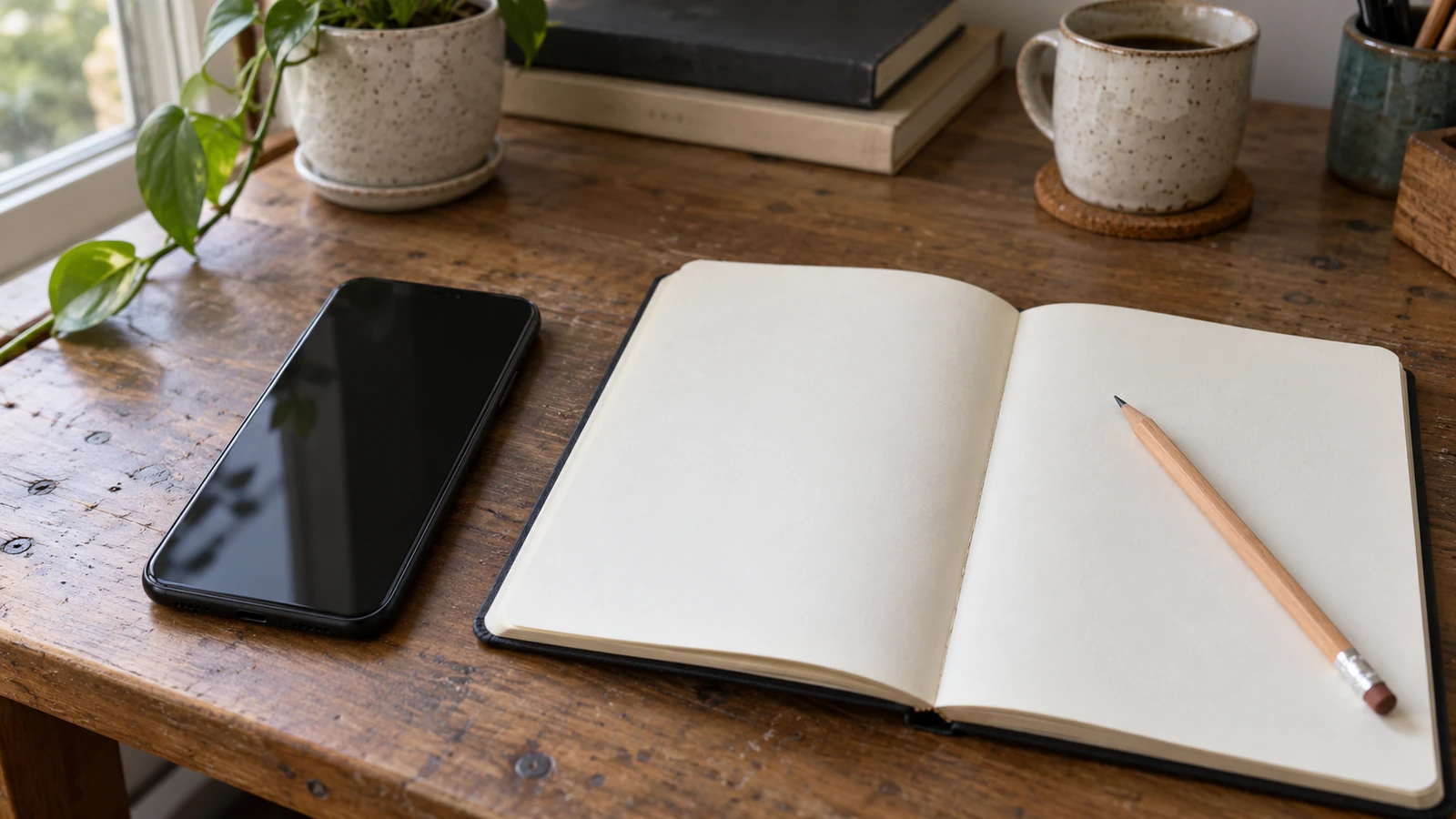 AI illustration of an unbranded phone and notebook on a desk for checking an automation routine