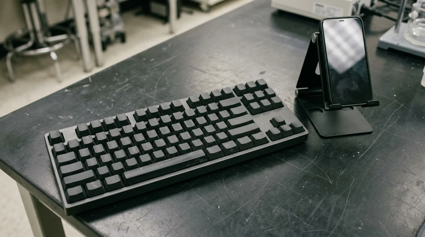 A compact tenkeyless mechanical keyboard with blank dark keycaps beside a matte-black phone stand holding a powered-off smartphone on a scratched worktable