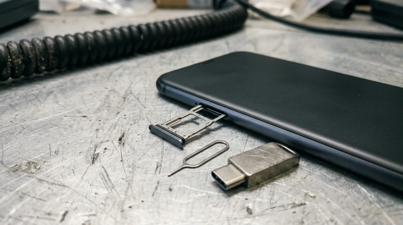Side edge of a dark matte smartphone with its SIM and microSD tray partially ejected beside a metal ejector pin and a metallic USB-C flash drive on a scratched aluminum bench