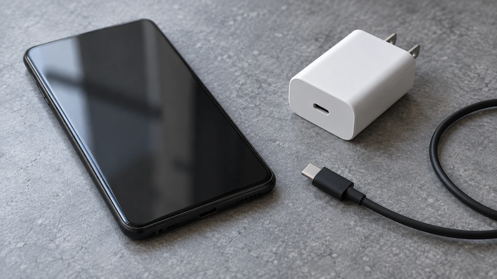A black smartphone, white USB-C power adapter and curved charging cable on a grey surface