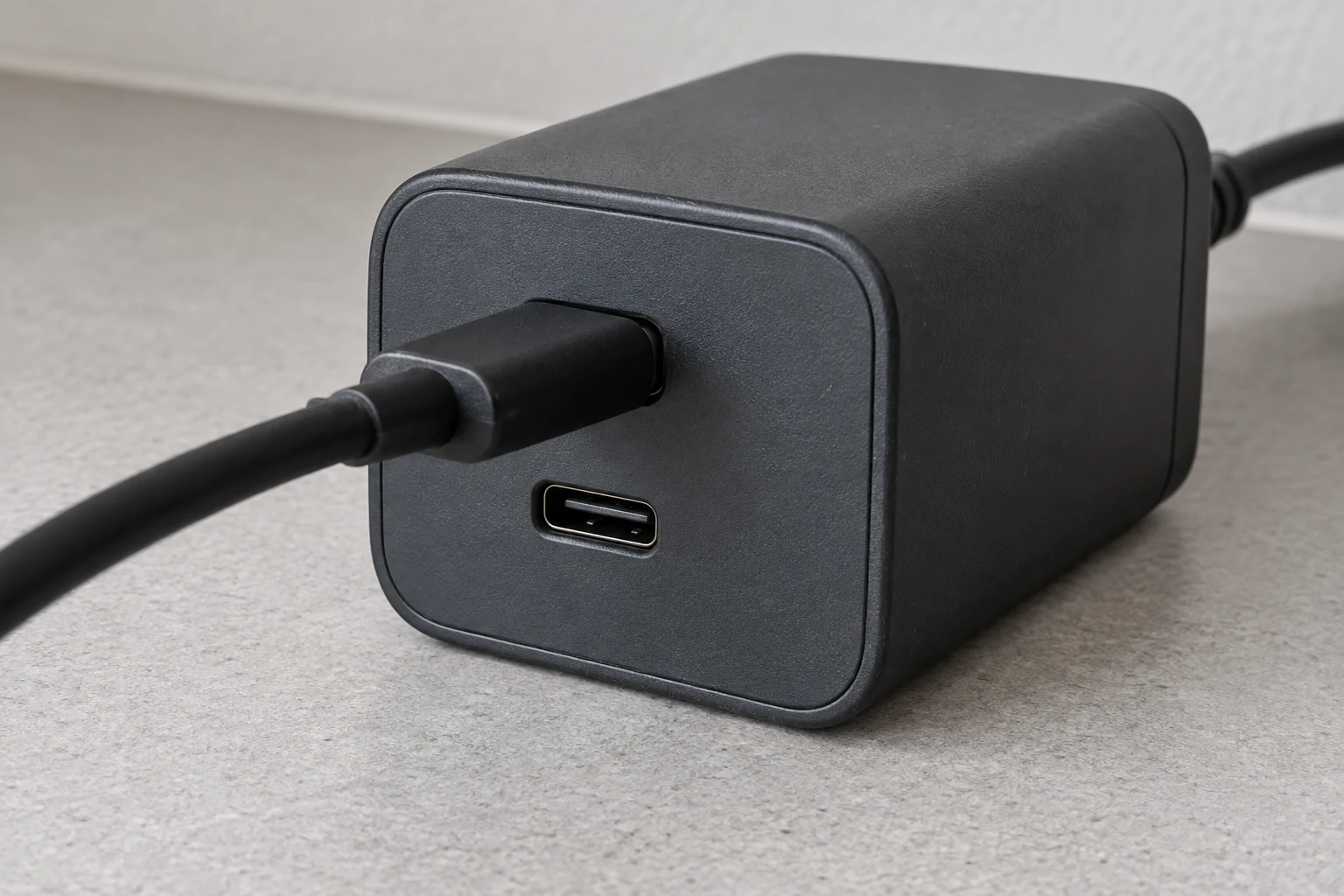 A dark charging adapter with a cable in its upper port and an empty USB-C socket below