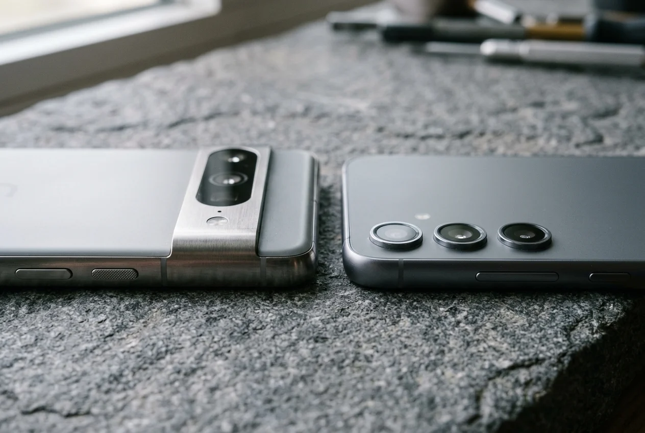 Macro view of two face-down Android phones with bar vs triple-lens camera layouts on grey stone