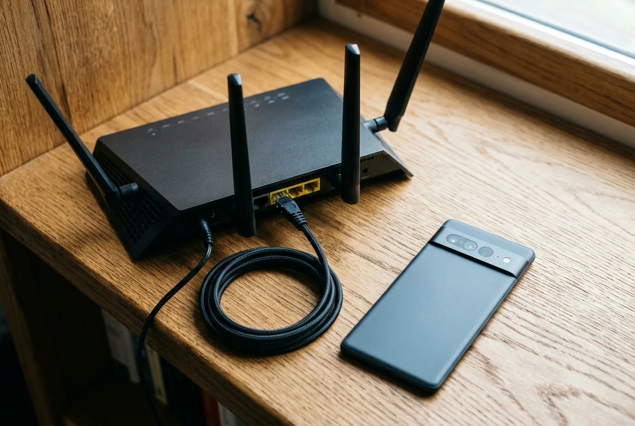 Overhead view of a black multi-antenna wireless router with a braided network cable beside a dark smartphone on an oak shelf