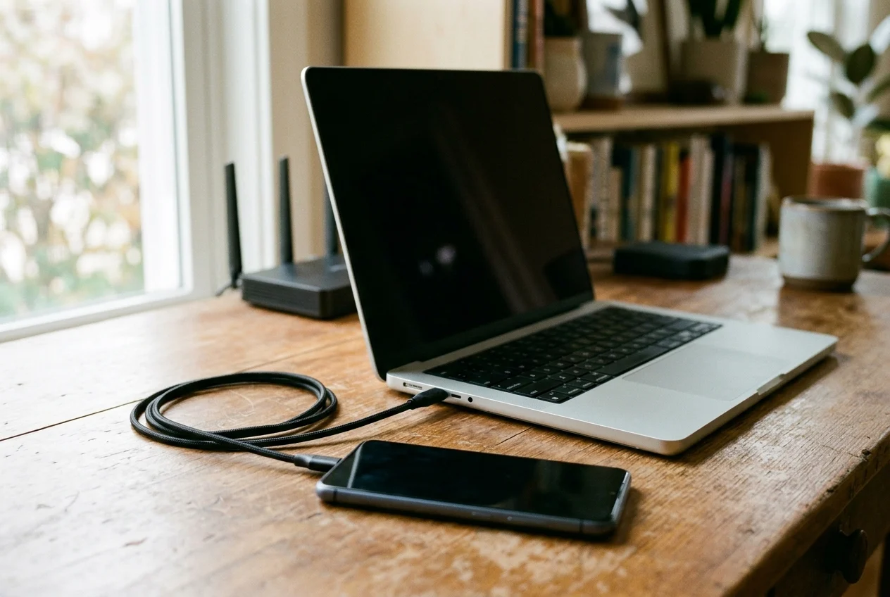An unbranded dark Android smartphone connected by a braided black cable to a silver laptop on a wooden desk